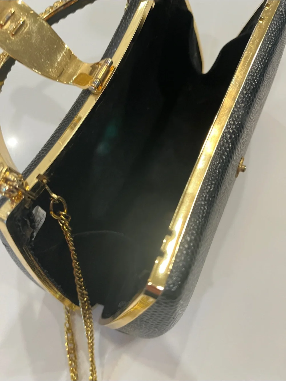 Black Crystal-Accent Evening Top-Handle Clutch